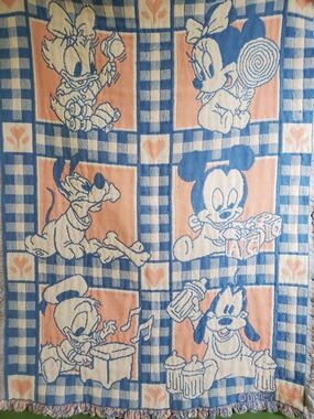 Vintage 90s Disney Pastel Blue & Pink Baby Character Blanket 32x41